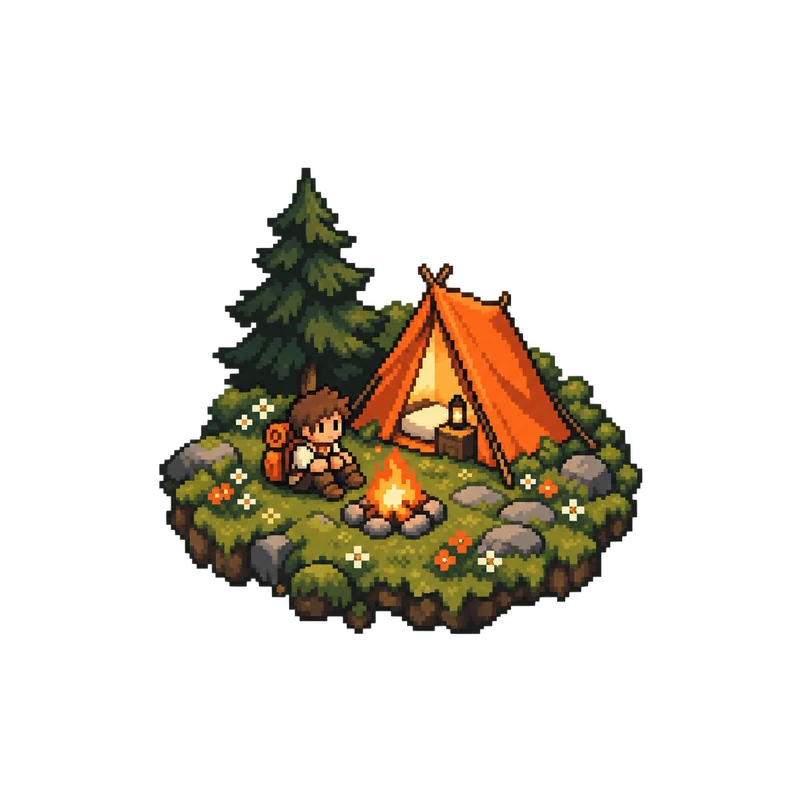 Original pixel art of a quiet woodland campsite