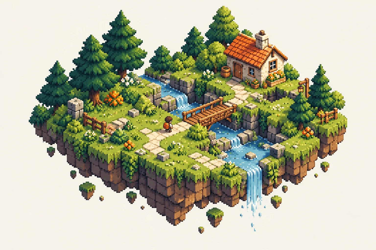 An original pixel forest with a cabin and tiny adventurer
